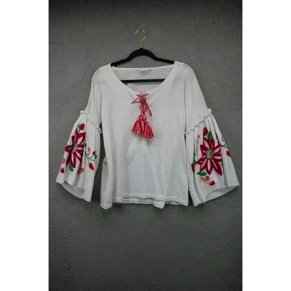 SensiStudio Embroidered Bell Sleeves Cotton Top-Size Small-Dolan Sleeves - Picture 1 of 10